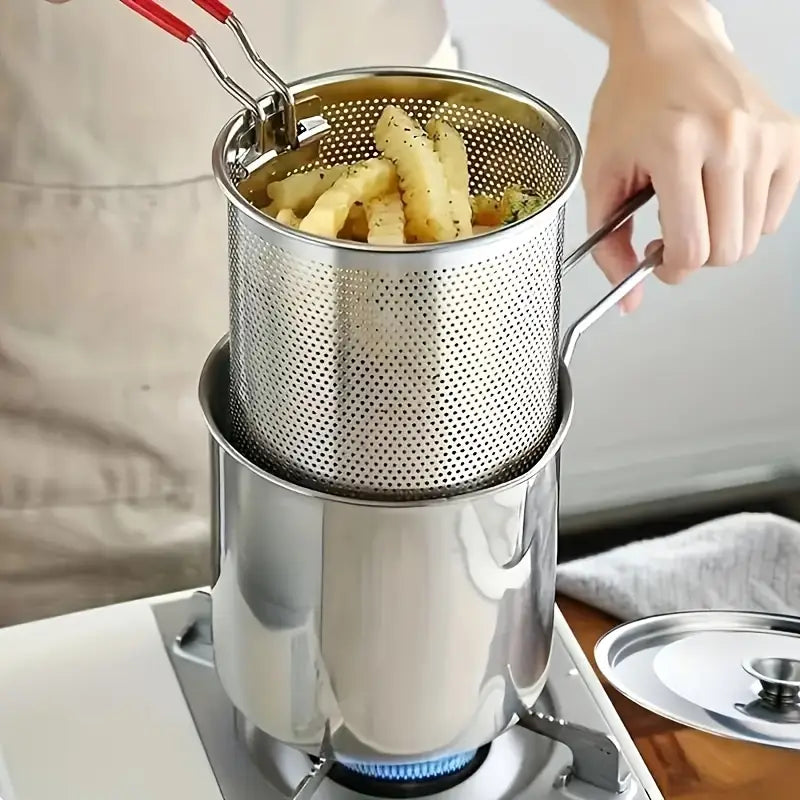 3pcs Stainless Steel Deep Fryer Set with Lid & Basket - Splash-Proof, Detachable Filter for Oil-Saving Cooking, Compatible with Gas & Induction Stoves - Essential Kitchen Cookware